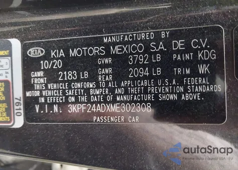 2021 Kia Forte Lxs from USA, damaged, VIN 3KPF24ADXME302308